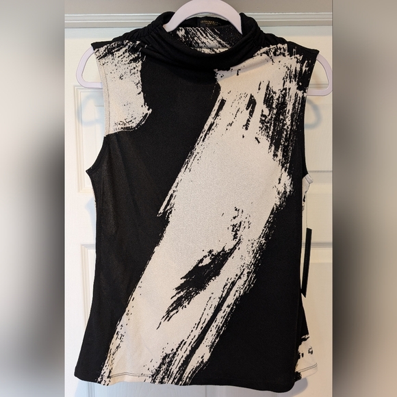 Donna Karan Tops - Donna Karan NWT Abstract Print Sleeveless Funnel Neck Knit Top Black White Med.